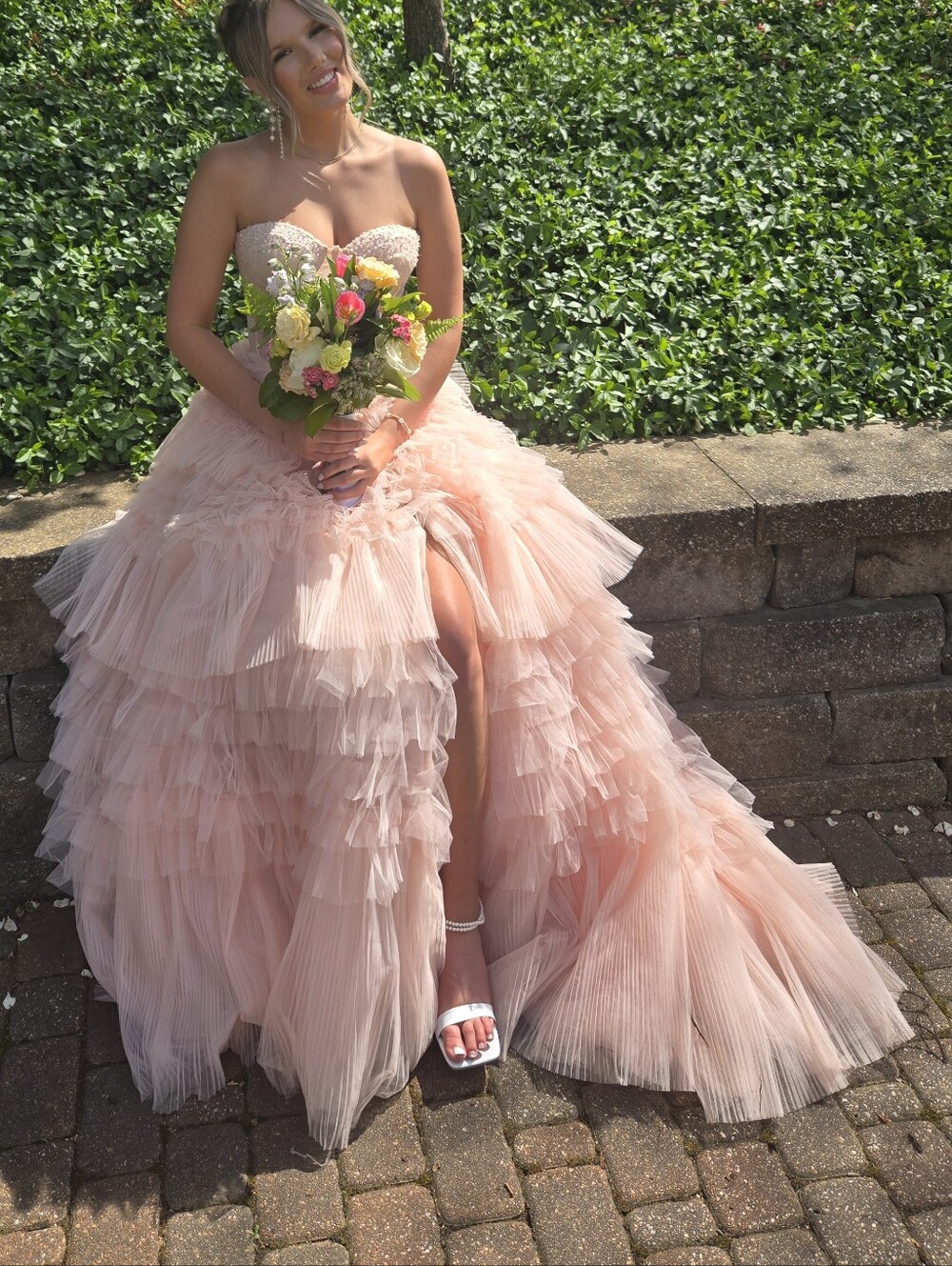 Sherri Hill Blush Pink Strapless Ruffled Tulle Gown - Elegant Women’s Dress
